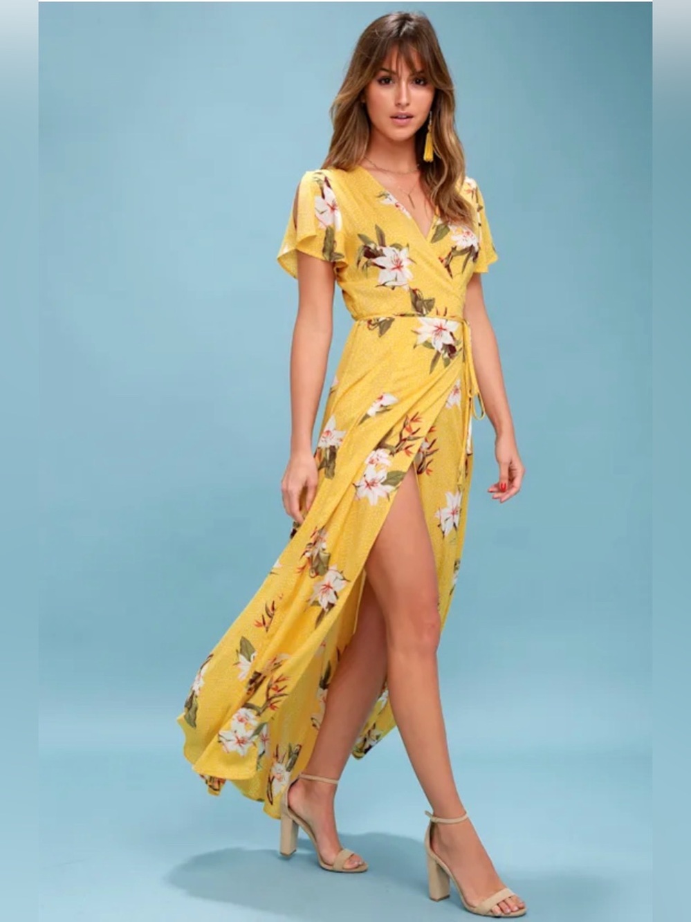 Lulus Heart of Marigold Yellow Floral Wrap Maxi Dress Medium - Picture 2 of 10
